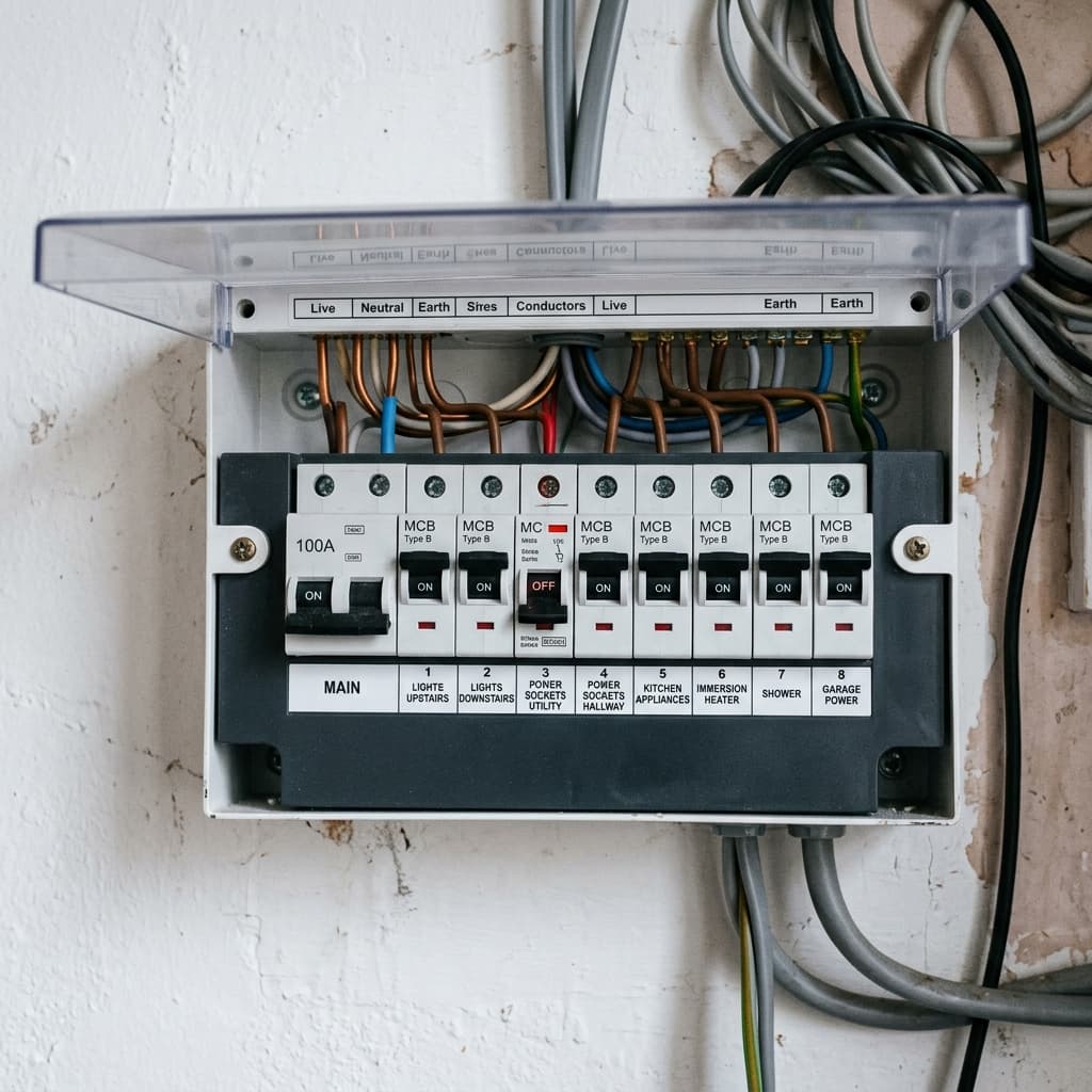 A household breaker panel with one breaker switched off