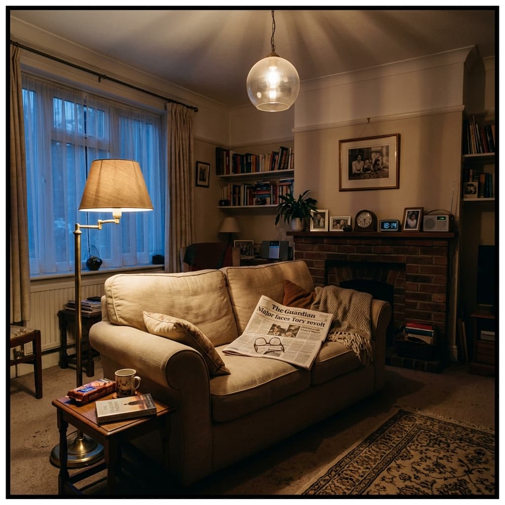 Living room with a flickering pendant light at dusk