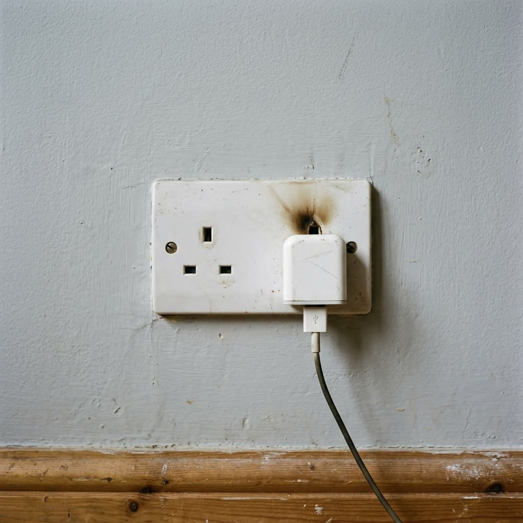 Close-up of a dead wall socket with a charger plugged in