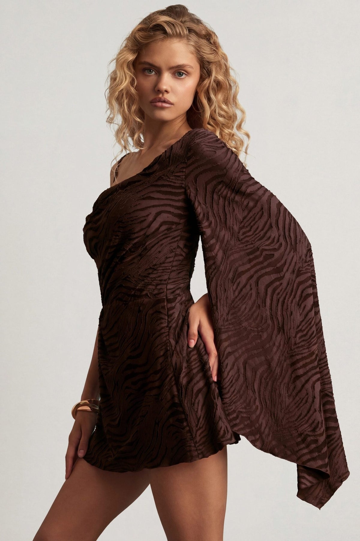 Devor?? One-Sleeve A-Line Mini Dress in Dark Chocolate