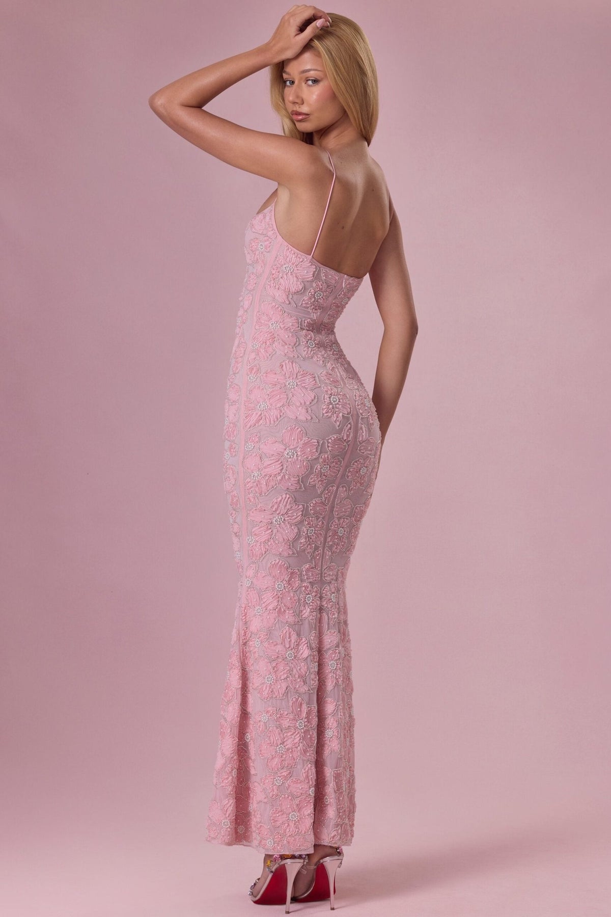 Embellished Square Neck Maxi Dress in Blush