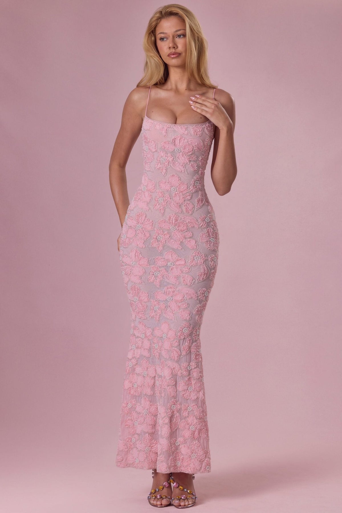 Embellished Square Neck Maxi Dress in Blush