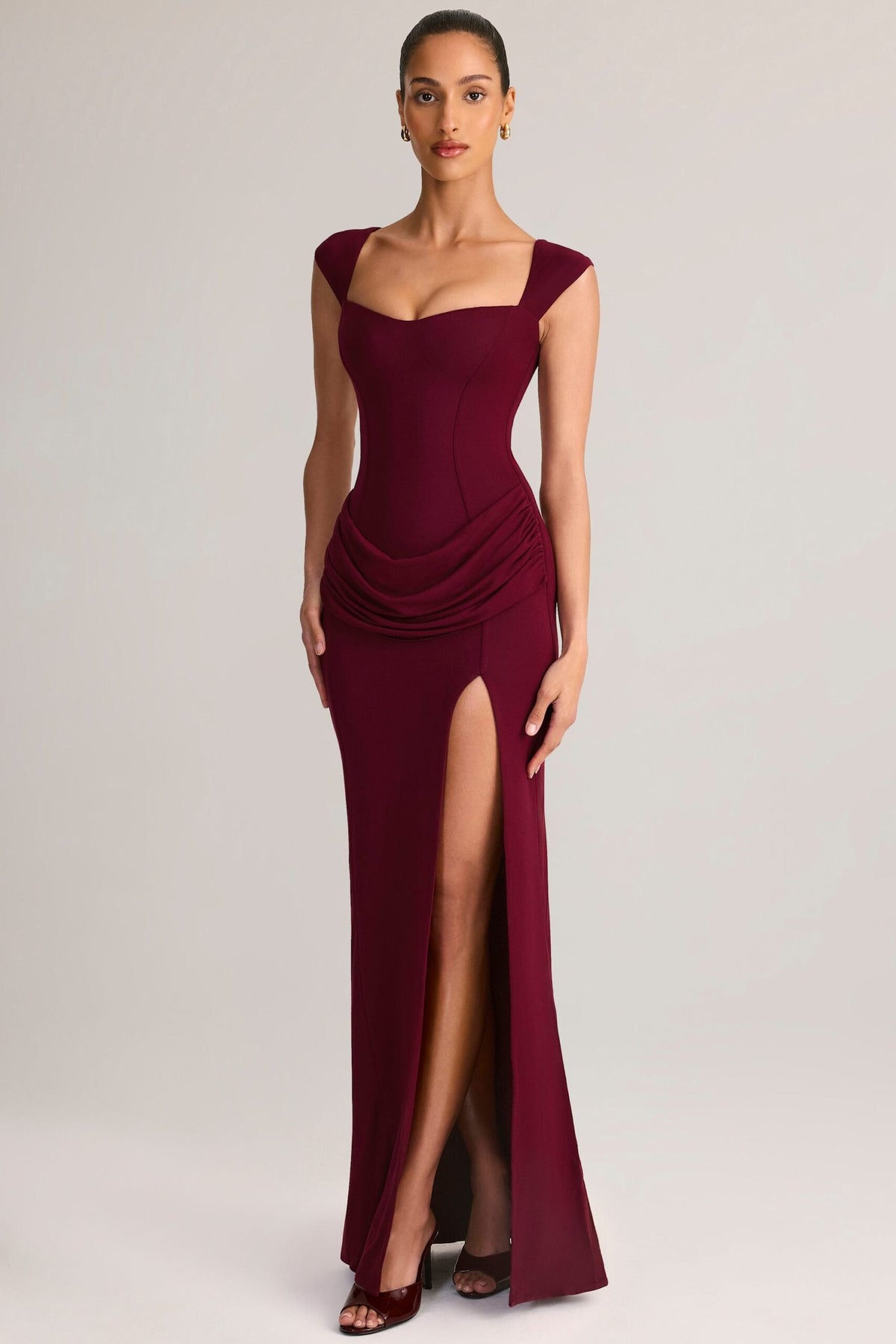 Modal Sweetheart-Neck Cowl-Waist Maxi Dress in Wine