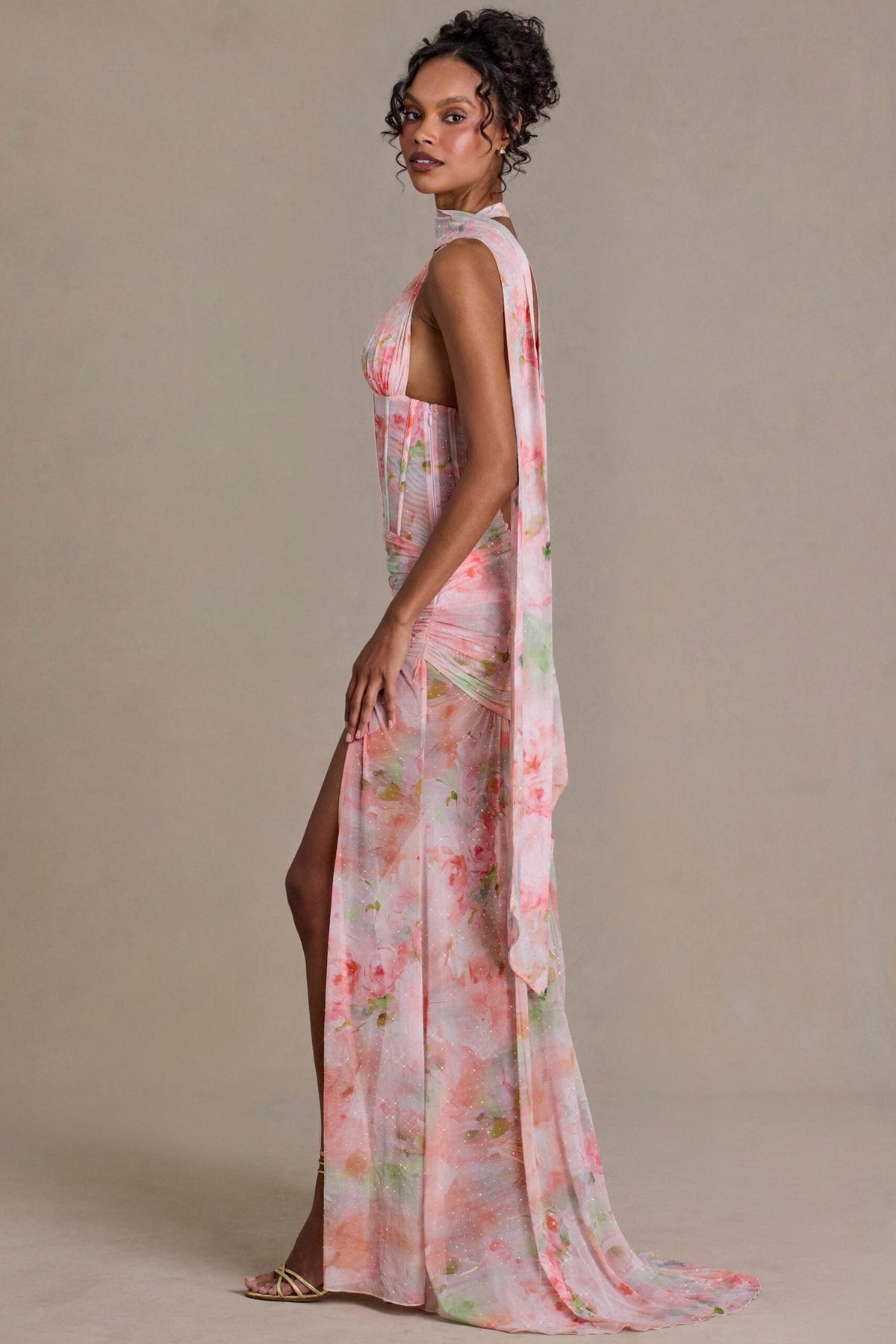Embellished Scarf-Detail Maxi Dress in Pink Floral Print