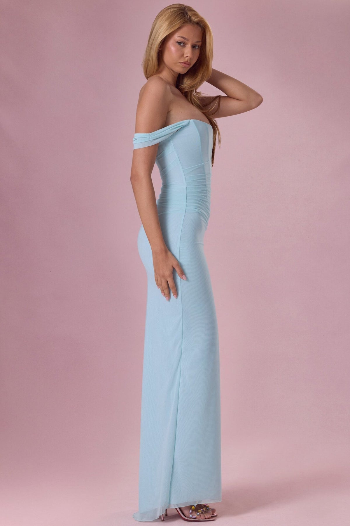 Mesh Draped Corset Gown in Light Blue