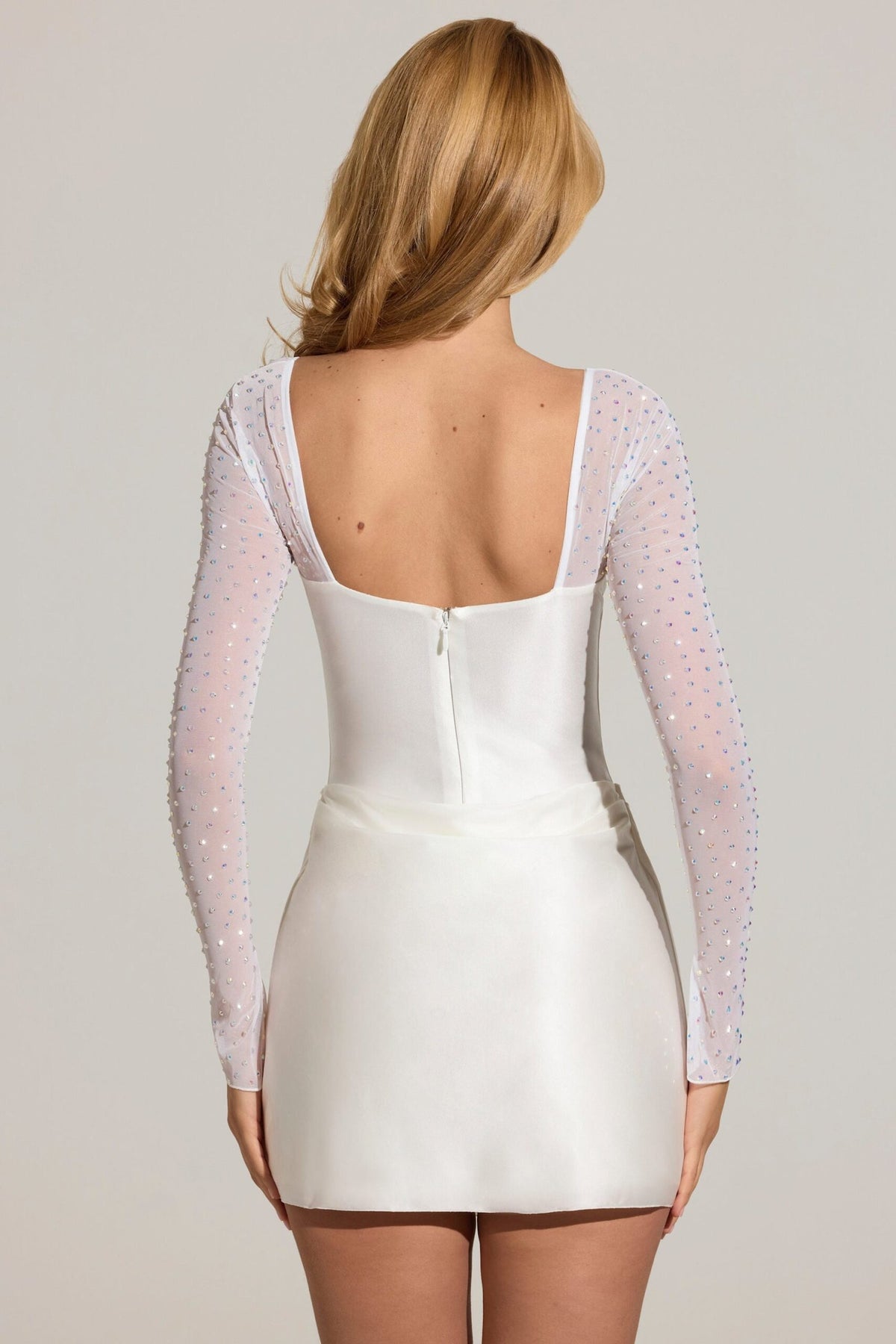 Embellished Long-Sleeve Draped Mini Dress in White