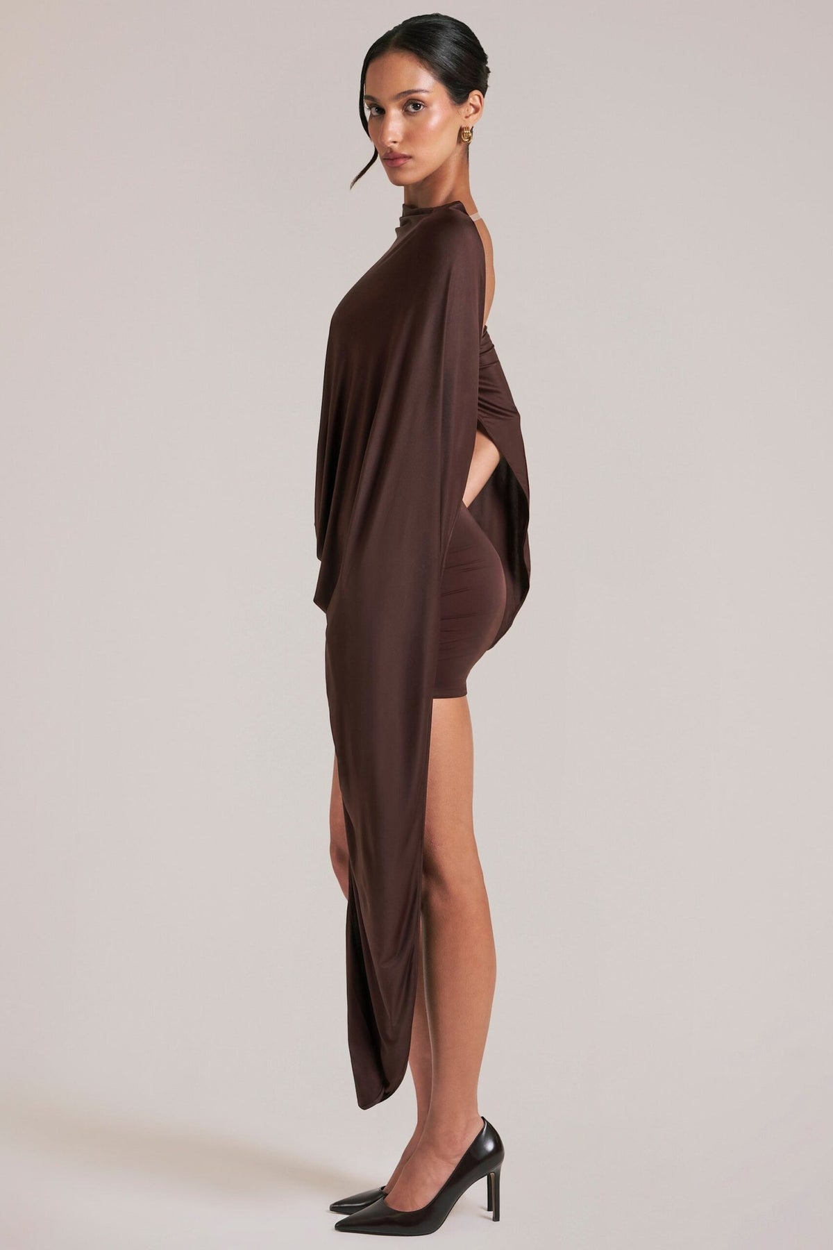 Draped Cape Mini Dress in Chocolate Brown
