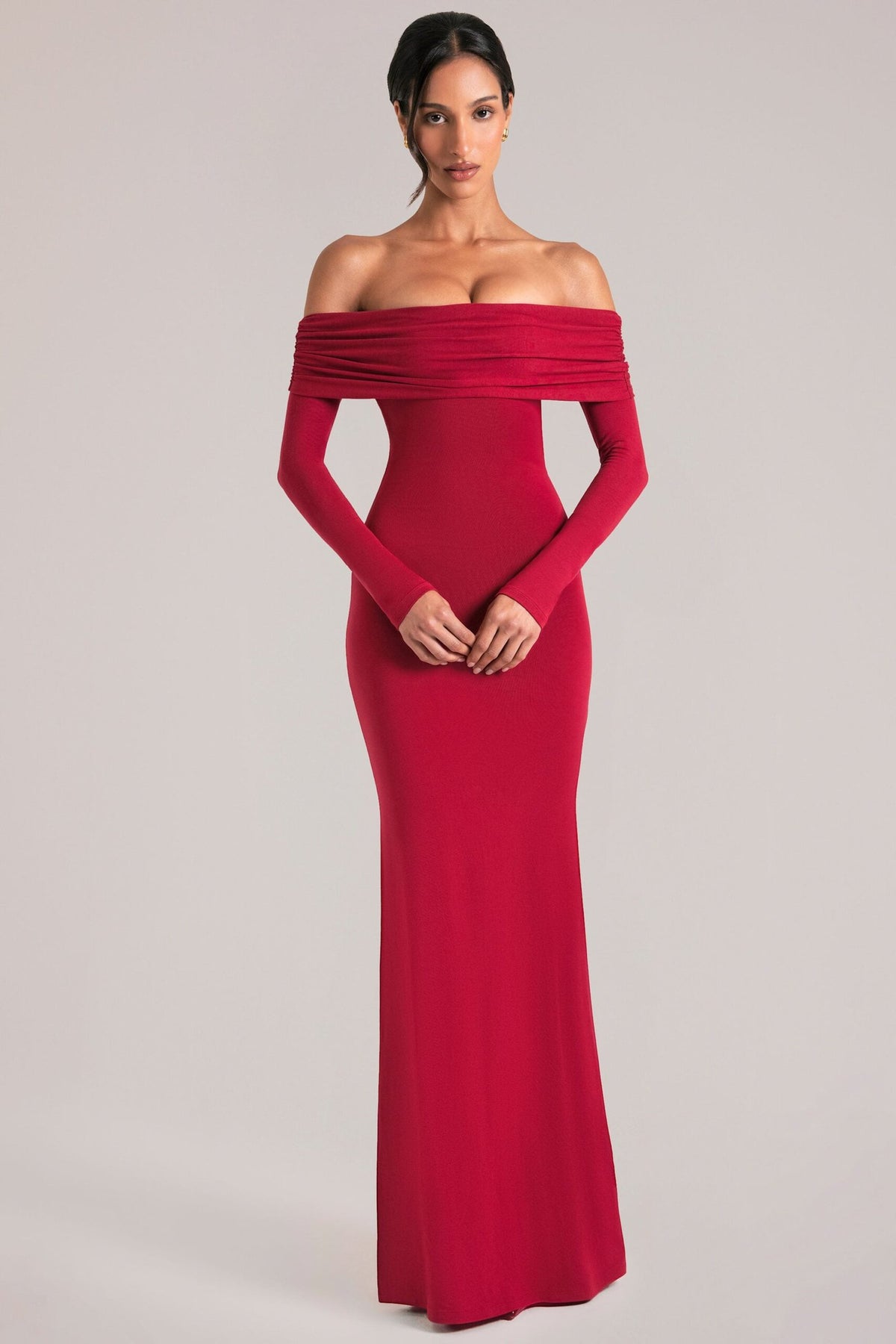Off-Shoulder Long-Sleeve Maxi Dress in Cherry Red