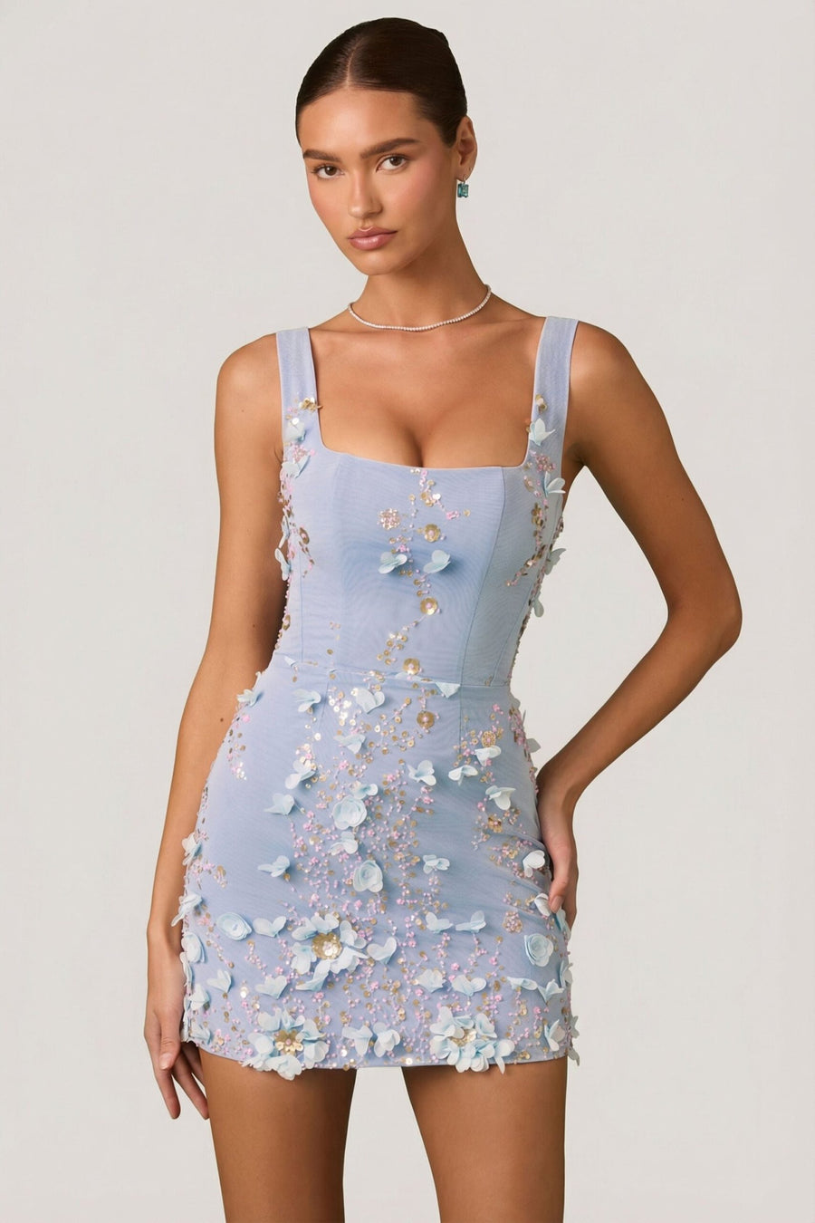 Embellished Appliqu?? Corset Mini Dress in Sky Blue
