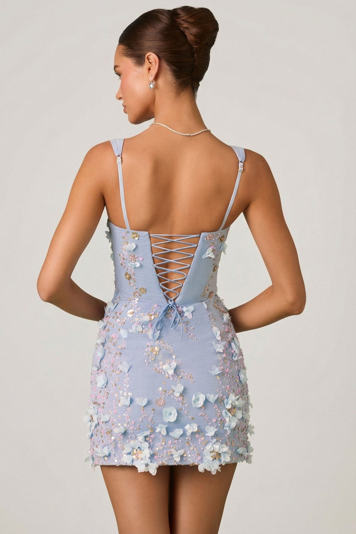Embellished Appliqu?? Corset Mini Dress in Sky Blue