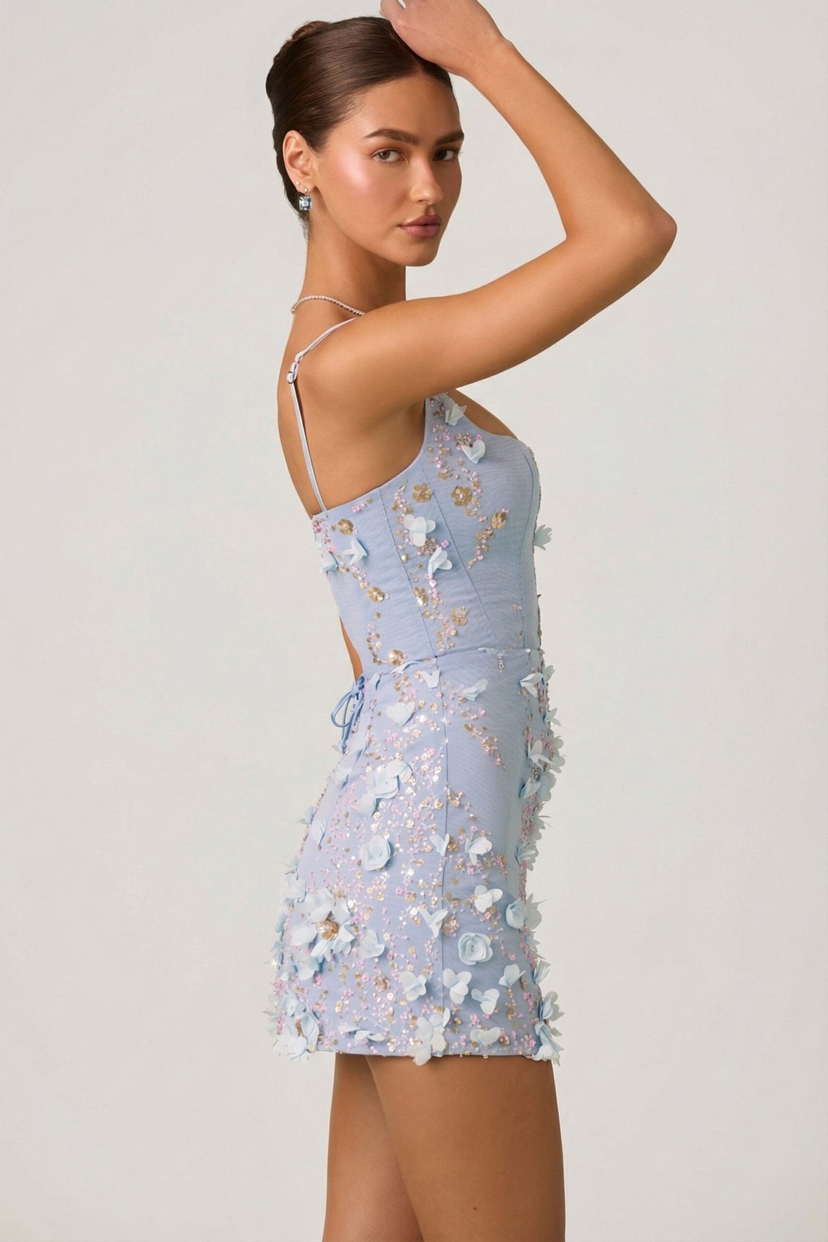 Embellished Appliqu?? Corset Mini Dress in Sky Blue