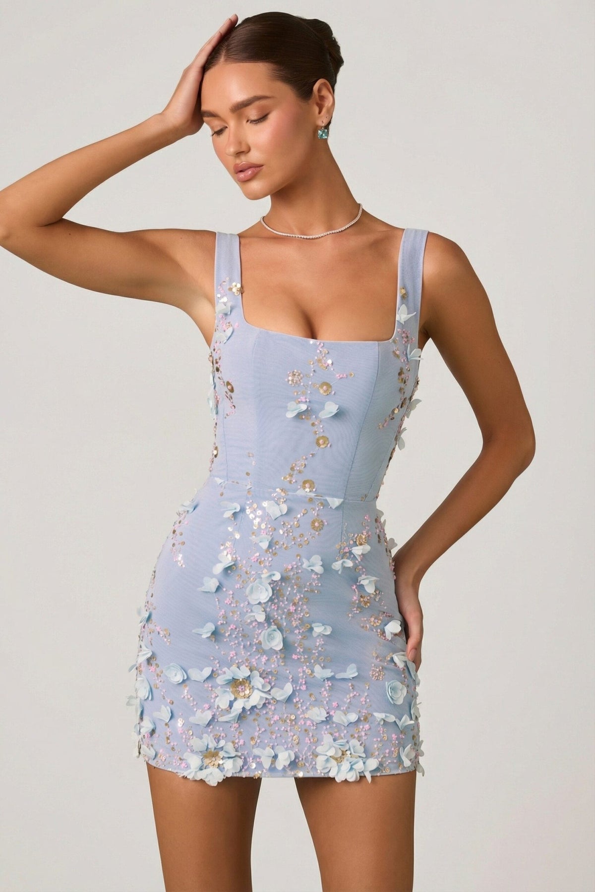 Embellished Appliqu?? Corset Mini Dress in Sky Blue
